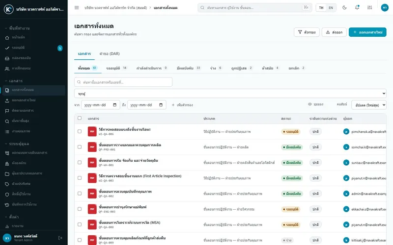 Document register with status tabs, filters and document numbers