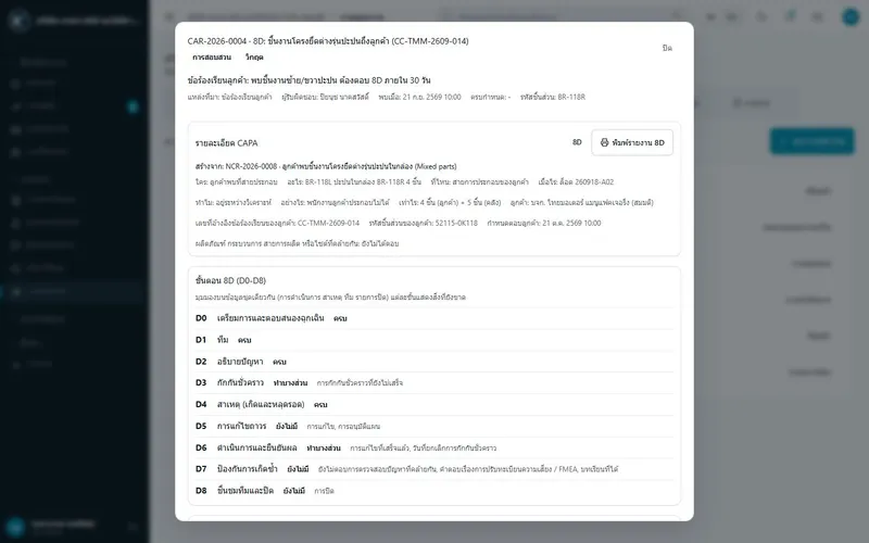 CAPA in 8D format with D0–D8 status